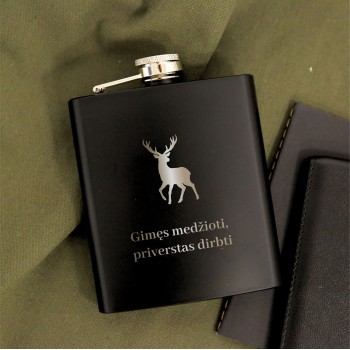 Metalinė gertuvė, Fleškutė Su Užrašu Gimęs Medžioti Priverstas Dirbti, 200 ml. 