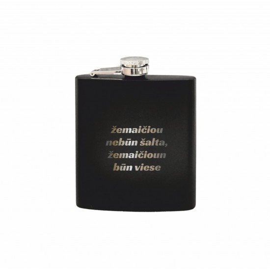 Metalinė Gertuvė, Fleškutė su užrašu, Žemaičiou Nebūn Šalta, Žemaičioun Būn Viese, juoda 200 ml. 
