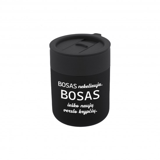 Kelioninis Keramikos Puodelis Bosui sy užrašu, Bosas nekeliauja, Bosas ieško naujų verslo krypčių, 300 ml.