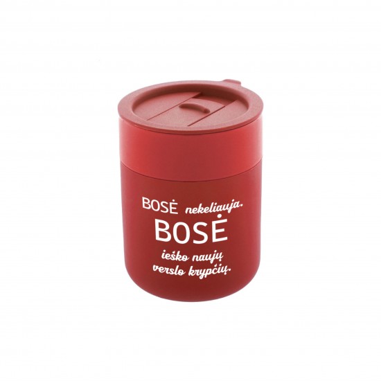 Kelioninis Keramikos Puodelis Bosei su užrašu, Bosė nekeliauja, bosė ieško naujų verslo krypčių, 300 ml.