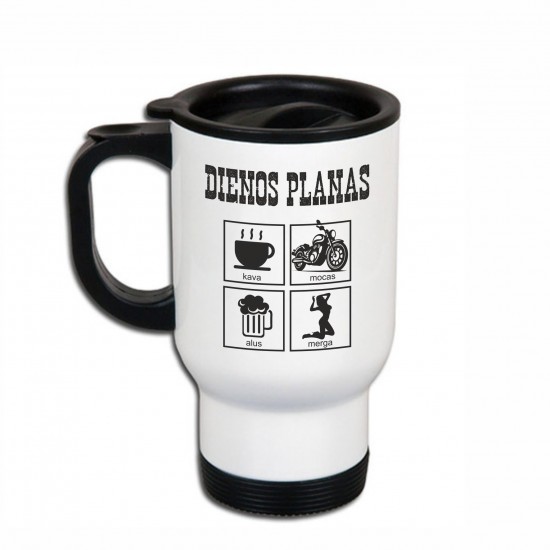 Metalinis termo puodelis su užrašu, Dienos Planas, 413 ml, Baltas, Juodas