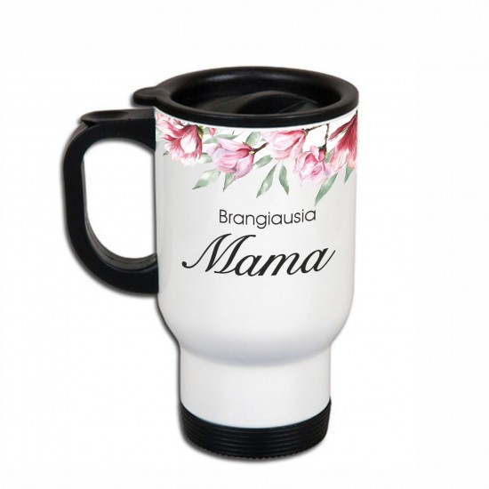 Metalinis termo puodelis Mamai su užrašu, Brangiausia Mama, 413 ml, Baltas, Juodas
