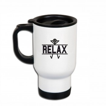 Metalinis termo puodelis su užrašu, Relax, 413 ml, Baltas, Juodas
