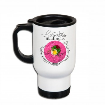 Metalinis termo puodelis su šaltibarščiais ir užrašu, Lietuviškai Madingas, 413 ml, Baltas, Juodas