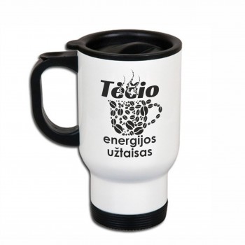 Metalinis termo puodelis su užrašu, Tėčio Energijos Užtaisas, 413 ml, Baltas, Juodas