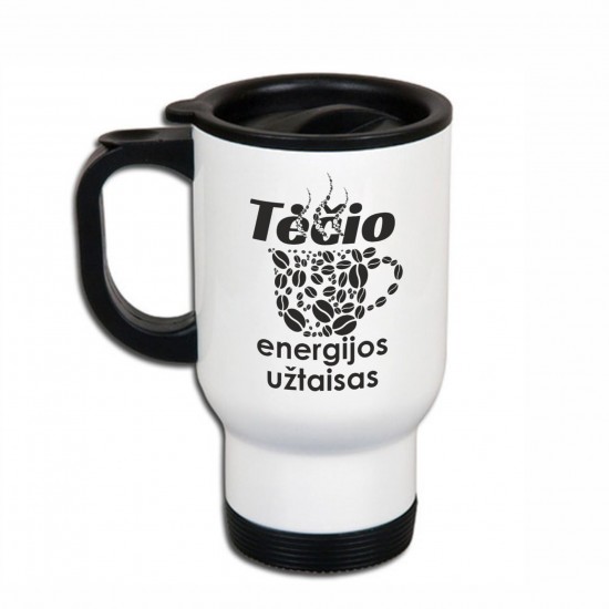 Metalinis termo puodelis su užrašu, Tėčio Energijos Užtaisas, 413 ml, Baltas, Juodas