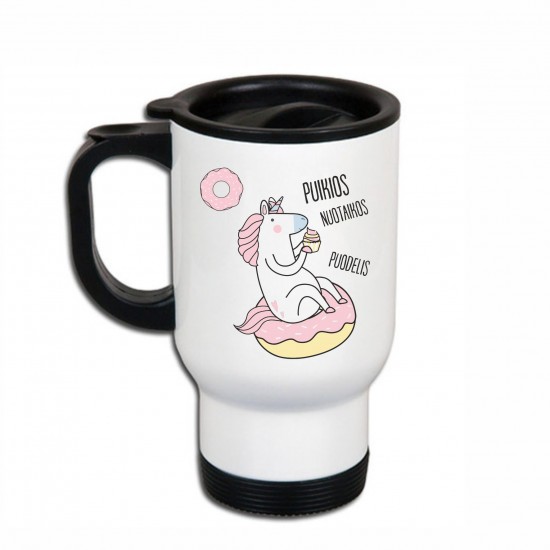 Metalinis termo puodelis su Vienaragiu ir užrašu, Puikios Nuotaikos Puodelis, 413 ml, Baltas, Juodas
