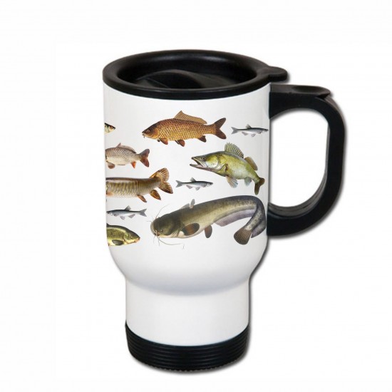 Metalinis termo puodelis žvejui su užrašu, Tik Nereikia Mokyti, 413 ml, Baltas, Juodas