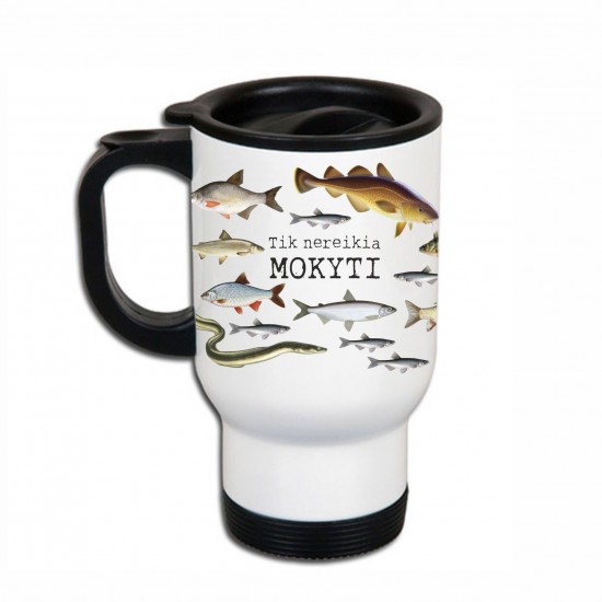 Metalinis termo puodelis žvejui su užrašu, Tik Nereikia Mokyti, 413 ml, Baltas, Juodas