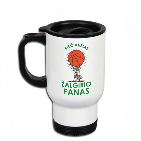 Metalinis termo puodelis Žalgirio Fanui su užrašu, Kiečiausias Žalgirio Fanas, 413 ml, Baltas, Juodas