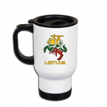 Metalinis termo puodelis su Vyčiu ir užrašu, Lietuva, 413 ml, Baltas, Juodas