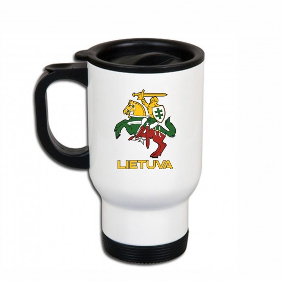 Metalinis termo puodelis su Vyčiu ir užrašu, Lietuva, 413 ml, Baltas, Juodas