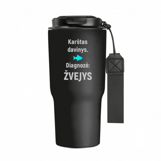 Metalinis termo puodelis Žvejui su užrašu, Karštas Davinys Diagnozė Žvejys, 550 ml, Juodas