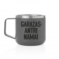 Metalinis puodelis su užrašu, Garažas Antri Namai, 350 ml.