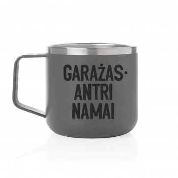 Metalinis puodelis su užrašu, Garažas Antri Namai, 350 ml.