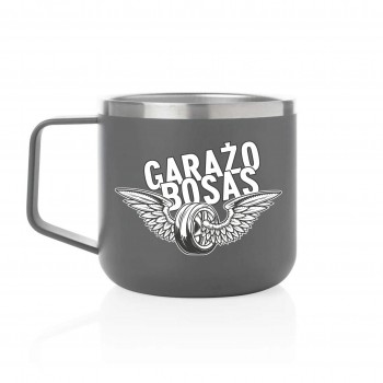 Metalinis puodelis su užrašu, Garažo Bosas, 350 ml.