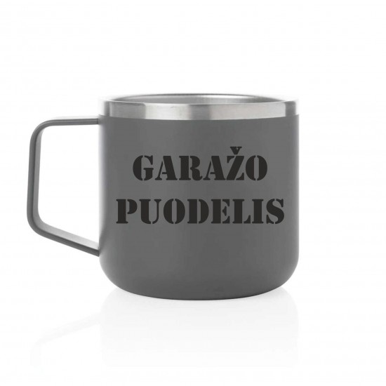 Metalinis puodelis su užrašu, Garažas puodelis, 350 ml.