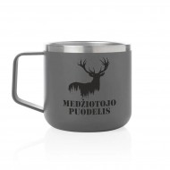 Metalinis puodelis su užrašu, Medžiotojo Puodelis, 350 ml.