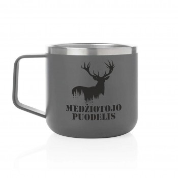 Metalinis puodelis su užrašu, Medžiotojo Puodelis, 350 ml.