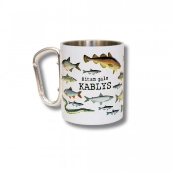 Metalinis puodelis su karabinu ir užrašu, Šitam Gale Kablys