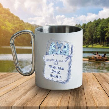 Metalinis puodelis su užrašu žvejui, Nemaitinkite Žvejo Masalu