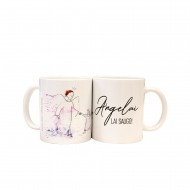 Puodelis su piešiniu ir užrašu, Angelai lai saugo, keramika, rožinė