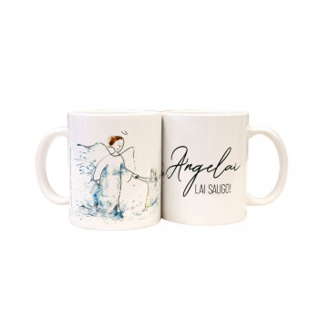 Puodelis su piešiniu ir užrašu, Angelai lai saugo, keramika, mėlynas