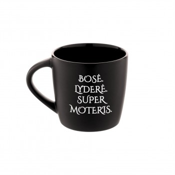 Puodelis Bosei su užrašu, Bosė Lyderė Super Moteris, Juodas, Matinis, Keramika