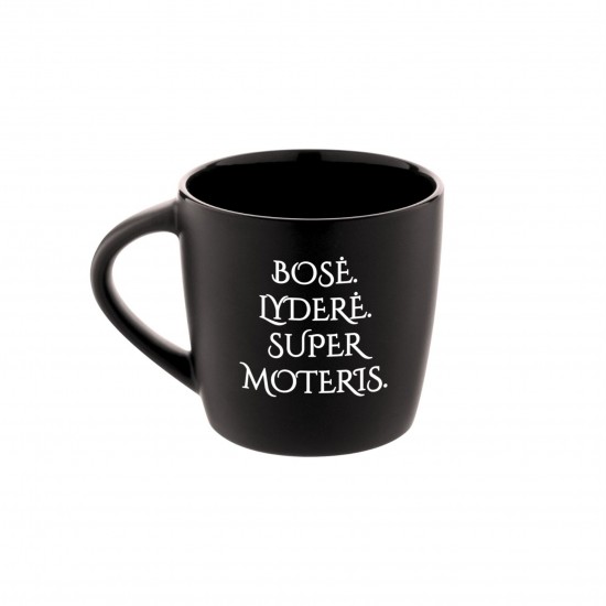 Puodelis Bosei su užrašu, Bosė Lyderė Super Moteris, Juodas, Matinis, Keramika