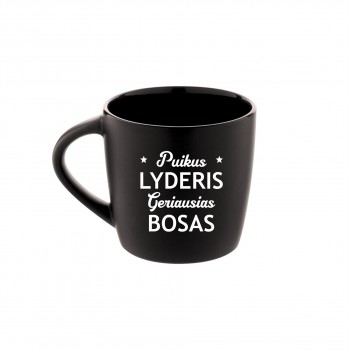 Puodelis Bosui su užrašu, Puikus Lyderis, Geriausias Bosas, Juodas, Matinis, Keramika