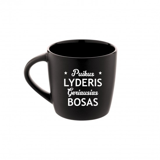 Puodelis Bosei su užrašu, Bosė Lyderė Super Moteris, Juodas, Matinis, Keramika