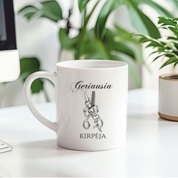 Puodelis su užrašu, Geriausia kirpėja, keramika Puodelis su užrašu, Geriausia kirpėja, keramika