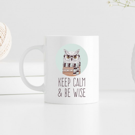 Puodelis su pelėda "Keep calm & be wise"