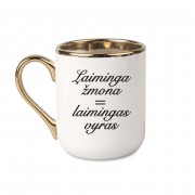 Elegantiškas puodelis su užrašu, Laiminga Žmona Laimingas Vyras, 330 ml, su auksine rankena