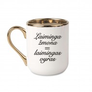 Elegantiškas puodelis su užrašu, Laiminga Žmona Laimingas Vyras, 330 ml, su auksine rankena