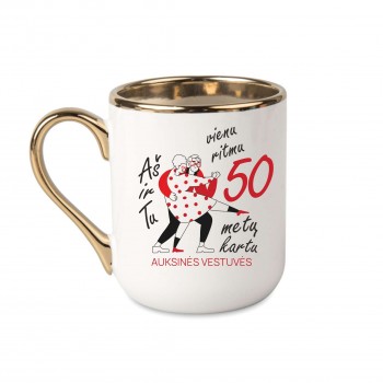 Elegantiškas puodelis su užrašu, Auksinės Vestuvės, Vienu Ritmu, 330 ml, su auksine rankena