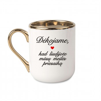 Elegantiškas puodelis su užrašu, Dėkojame Kad Liudijote Mūsų Meilės Priesaiką, 330 ml, su auksine rankena