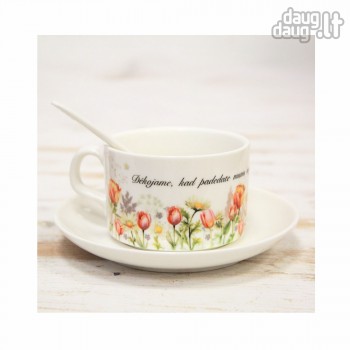 Mažas puodelis su lėkštute ir užrašu, Ačiū, kad padedate mums augti
