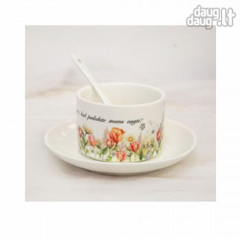 Mažas puodelis su lėkštute ir užrašu, Ačiū, kad padedate mums augti