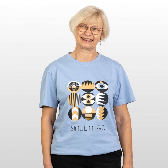 Marškinėliai su Šiaulių Miesto Jubiliejinių Metų Simbolika ir užrašu, Šiauliai 790, Žydri