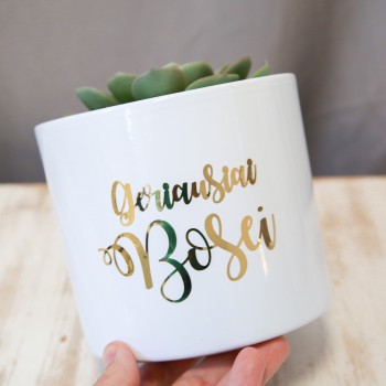 Vazonas gėlėms Bosei su užrašu, Geriausiai Bosei, Baltas, Keramika