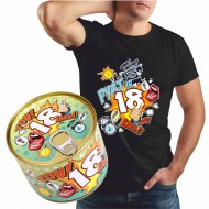 Marškinėliai skardinėje su užrašu, Pyst ir 18