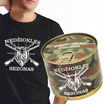 Marškinėliai skardinėje su užrašu, Medžioklės Sezonas Kviečia Mane