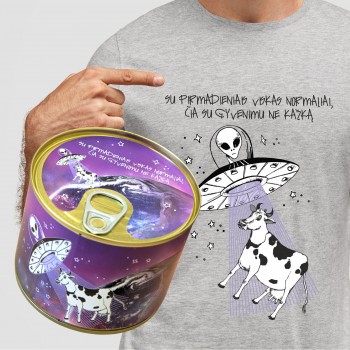 Marškinėliai skardinėje su NSO, su Karve ir užrašu, Su Pirmadieniais Viskas Normaliai...