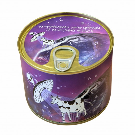 Marškinėliai skardinėje su NSO, su Karve ir užrašu, Su Pirmadieniais Viskas Normaliai...