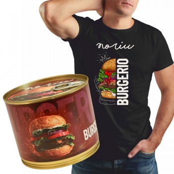 Marškinėliai skardinėje. NORIU BURGERIO. Marškinėliai skardinėje. NORIU BURGERIO.