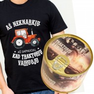 Marškinėliai skardinėje. Traktorių vairuoju. Marškinėliai skardinėje. Traktorių vairuoju.